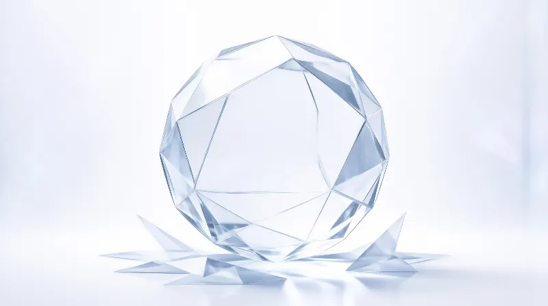 A faceted transparent sphere rests on sharp crystal fragments against a bright white background with soft lighting