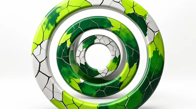 Three concentric rings display cracked green material exposing white stone beneath on a plain white background.