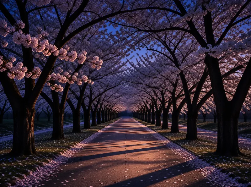 A paved road extends beneath blooming cherry trees with pink petals scattered along the edges during blue hour twilight.