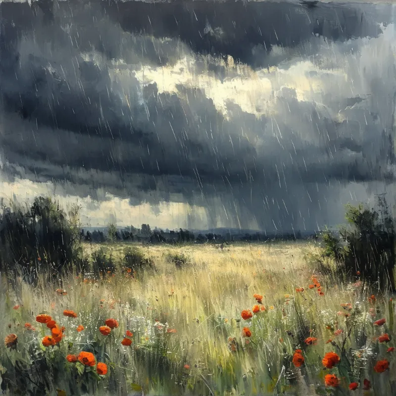 Orange poppies dot a wide meadow beneath turbulent grey clouds as heavy rain streaks diagonally across the open landscape.