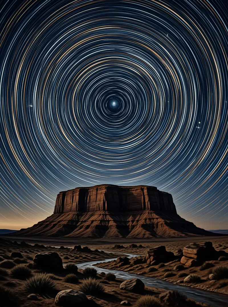 A flat-topped desert mountain rises above a rocky foreground while concentric star trails circle the night sky above it.