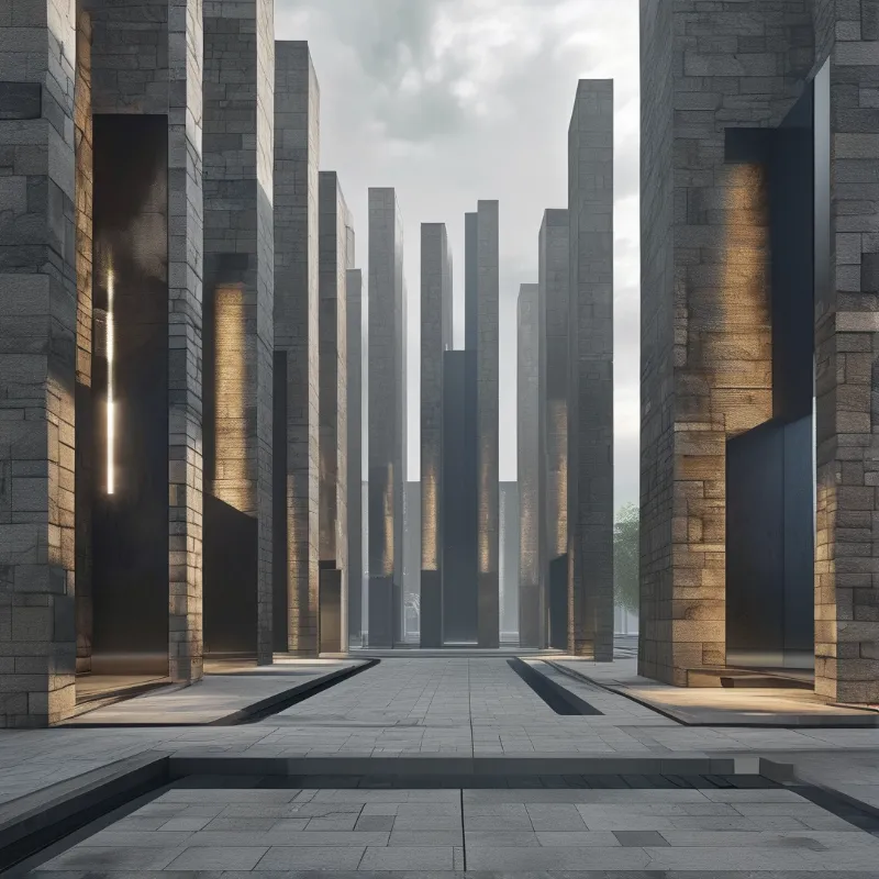 Tall grey stone columns line a paved walkway under a cloudy sky with strong directional sunlight casting deep shadows
