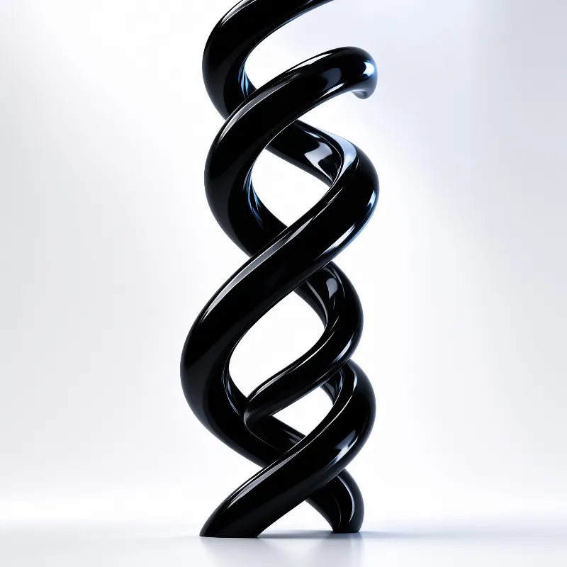 A vertical black helix sculpture stands on a white surface with glossy highlights reflecting studio light.