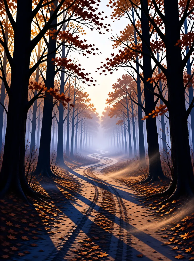 A rutted forest road curves into fog under tall maple trees with fiery orange fall foliage backlit by warm morning light.