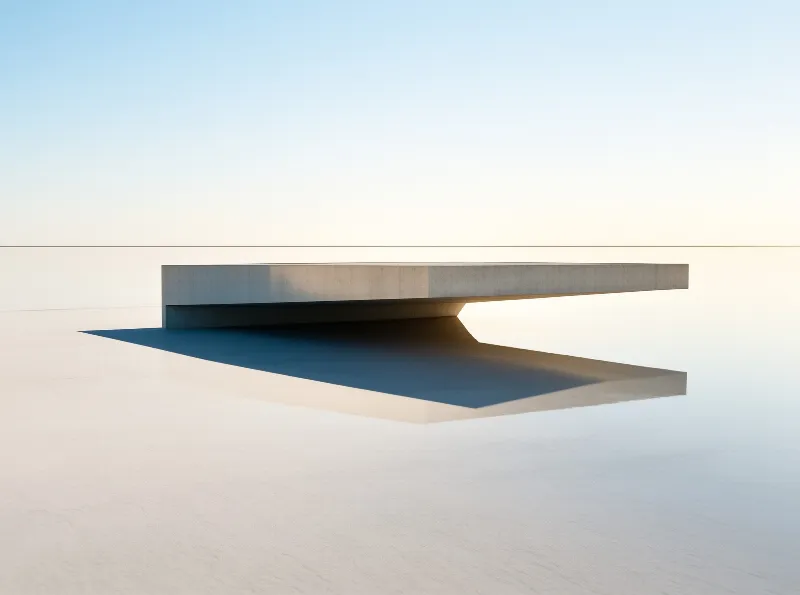 A low concrete structure with a cantilevered roof casts a long shadow across a white salt flat under a pale sky.