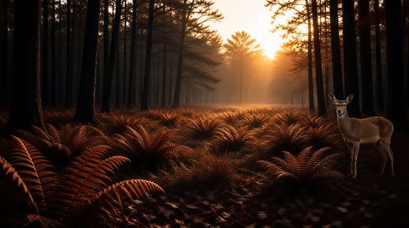A lone deer stands in the ferns as golden light shines through the pines.