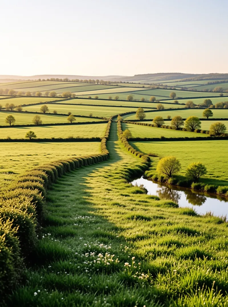 Dawn light glows over rolling patchwork green fields, a hedged path winds to distant hills, bright young trees dot the scene.