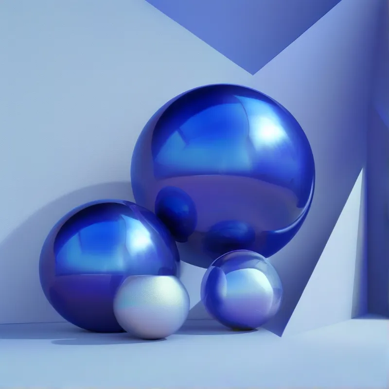 Four glossy blue orbs rest within a minimalist white space featuring soft shadows and geometric walls.