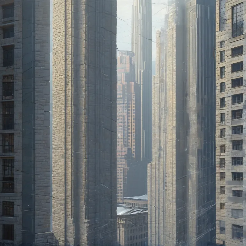 Overlapping limestone tower fronts blend in a double exposure of windows and pale masonry washed in soft daylight.