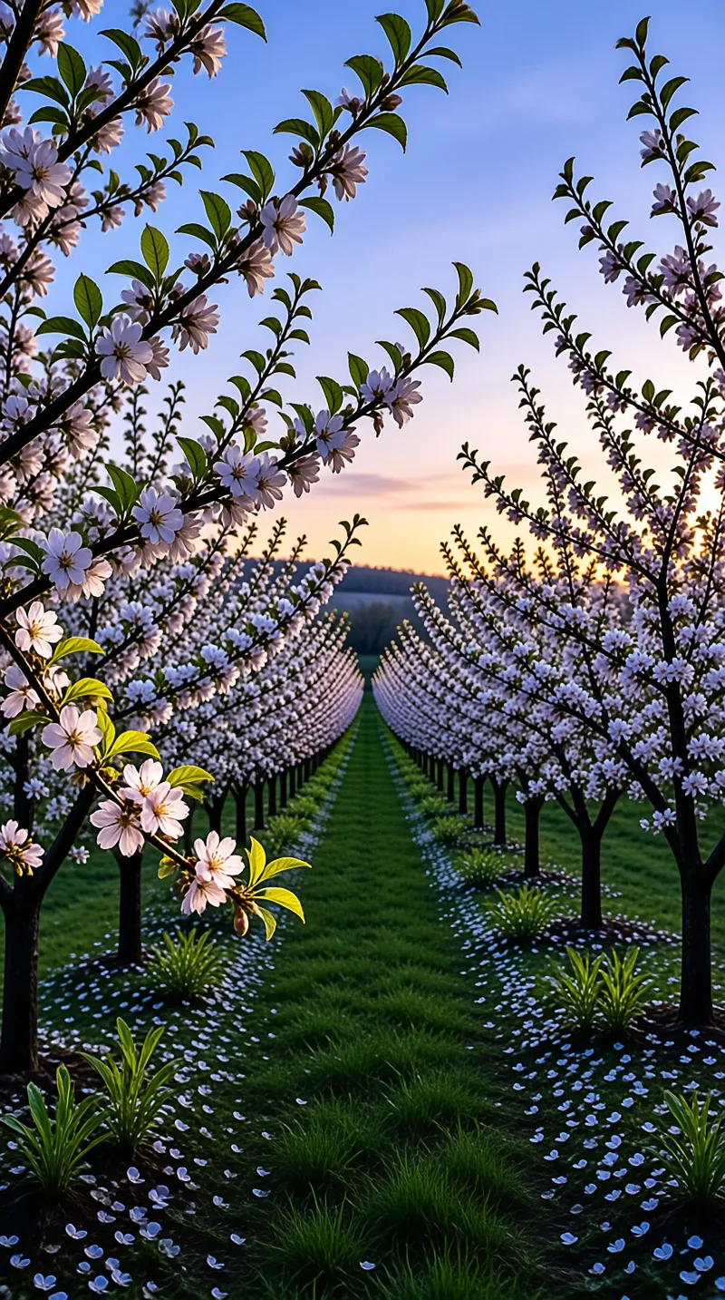 Blossoming Orchard at Sunset