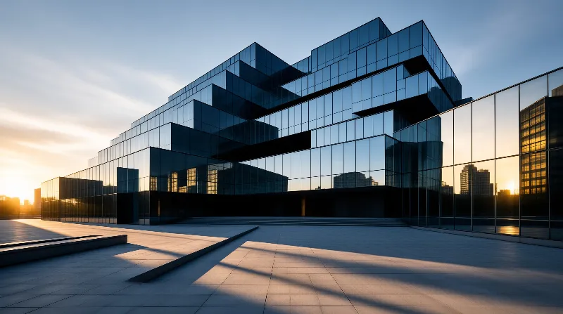 A cascading glass office building mirrors the golden sunset and neighboring towers across an empty stone plaza.