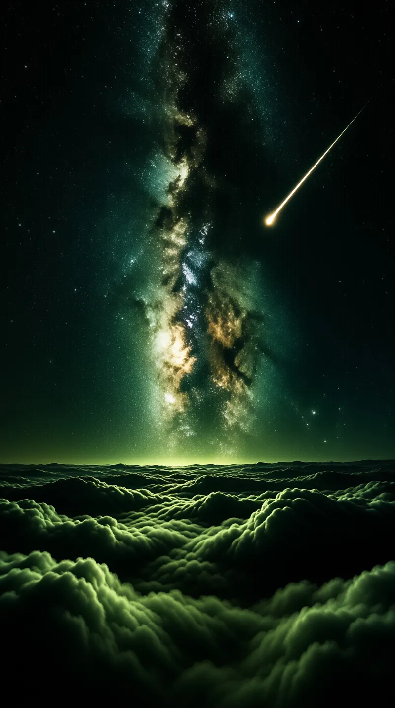 Milky Way galaxy arches over glowing green clouds while a bright meteor streaks across the dark night sky.