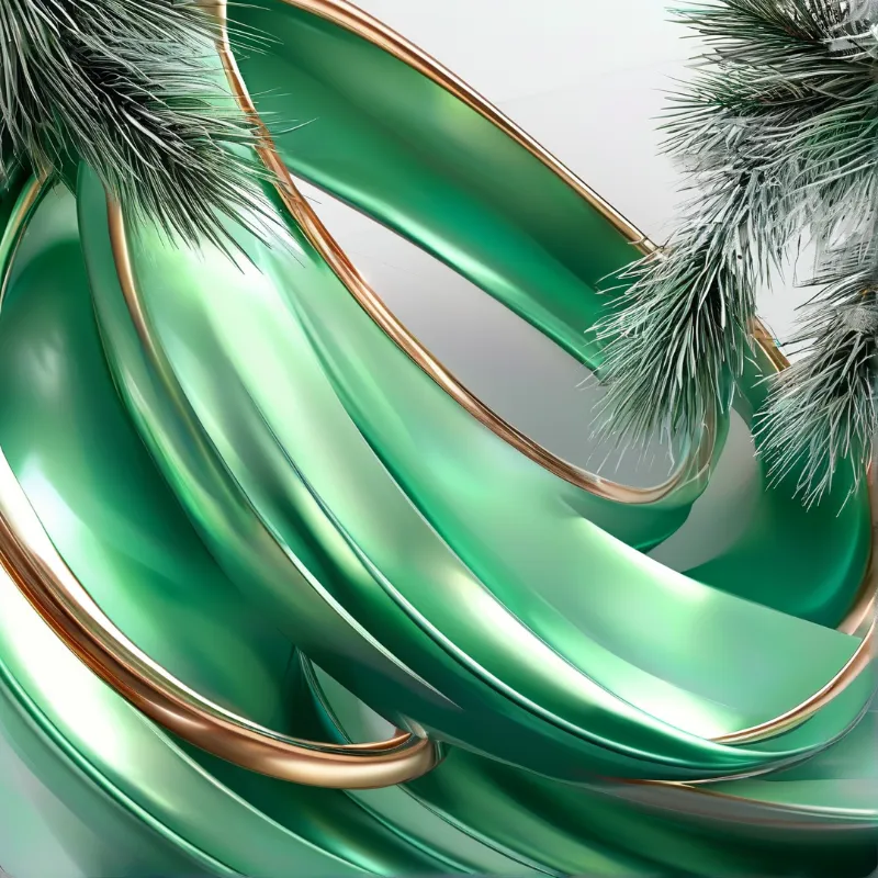 Green flowing ribbons with gold edges curve around frosted pine needles in a bright composition with smooth color gradients.
