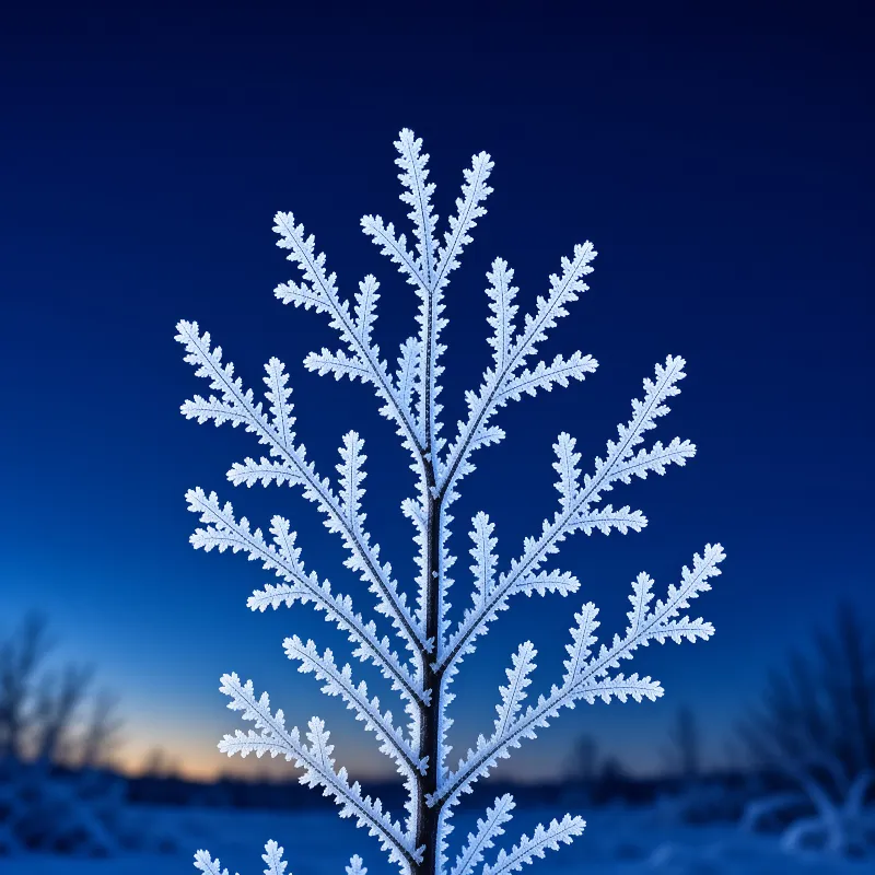 A tiny branch covered in intricate frost crystals stands out against a dark blue evening sky with a soft orange glow.