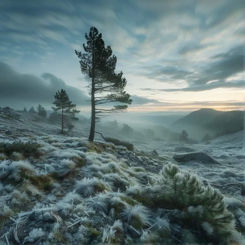 Tall pine trees stand on a rocky hill covered in frost while mist rolls over distant mountains under a cloudy sky.