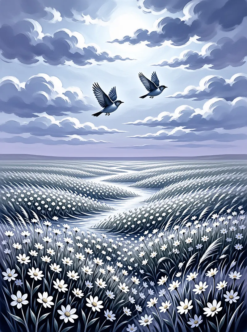 A stylized scene of white flowers bordering a winding stream under a cloudy sky with two birds in flight.