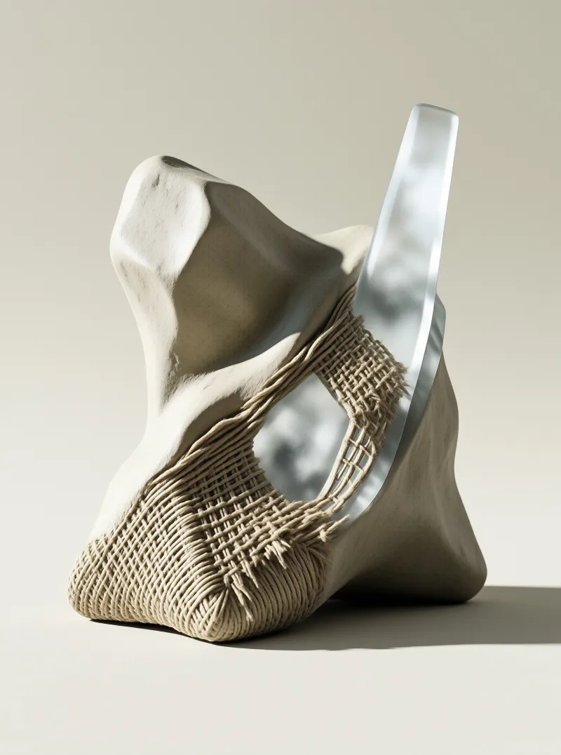 A smooth beige clay sculpture wrapped in woven cord holds a frosted glass shard in soft daylight.