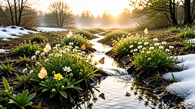 Butterflies dance over daisies and yellow blooms lining a glistening sunlit stream, with last remnants of winter snow on either side