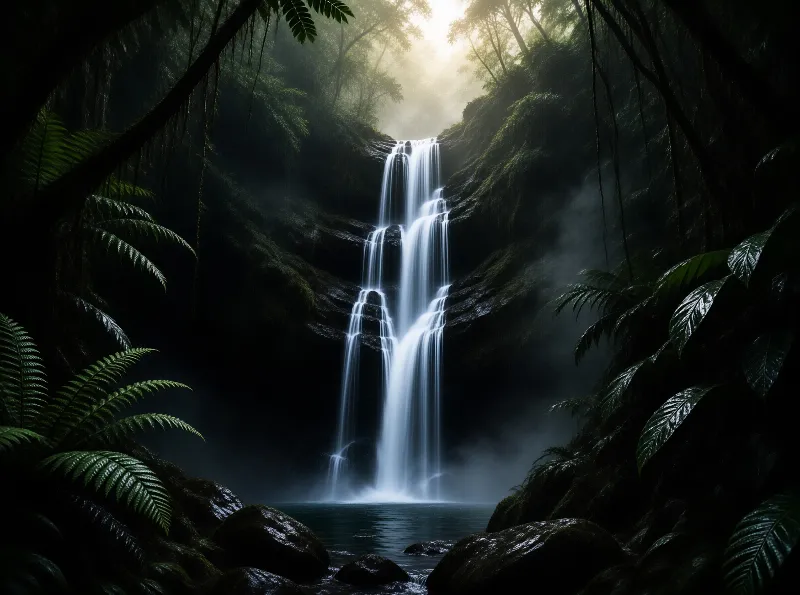 A tiered waterfall plunges into a dark pool surrounded by dense vegetation while sunlight pierces the misty canopy above.