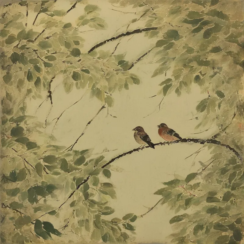 Two small birds perch on a bending tree limb amid soft muted green foliage lit by gentle diffused light.