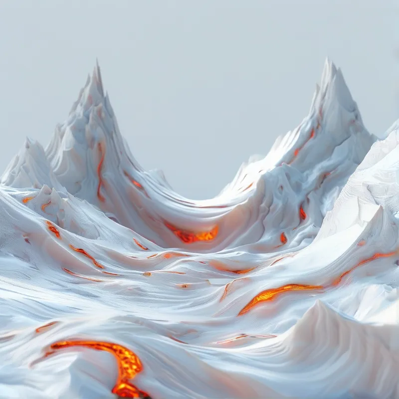 Towering white ridges reveal bright orange fissures under a pale sky.
