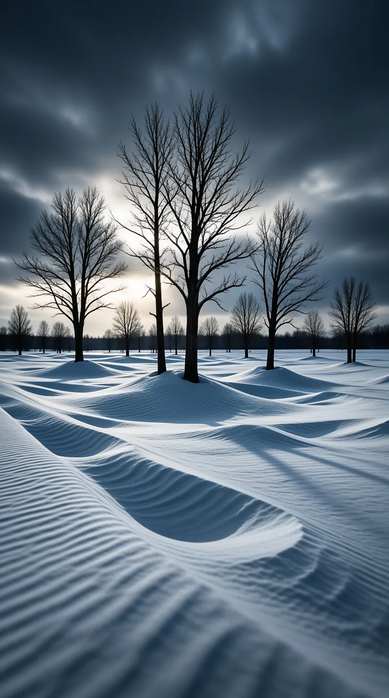 Leafless trees rise from sculpted drifts of snow under a heavy slate sky lit by a low winter sun.