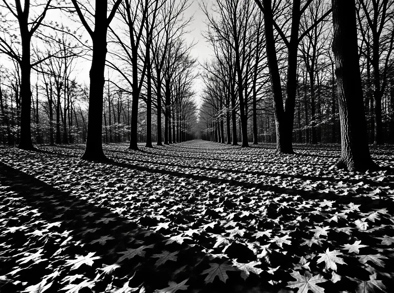 Rows of bare trunks converge down a monochrome avenue floor dense with maple leaves and long shadows.