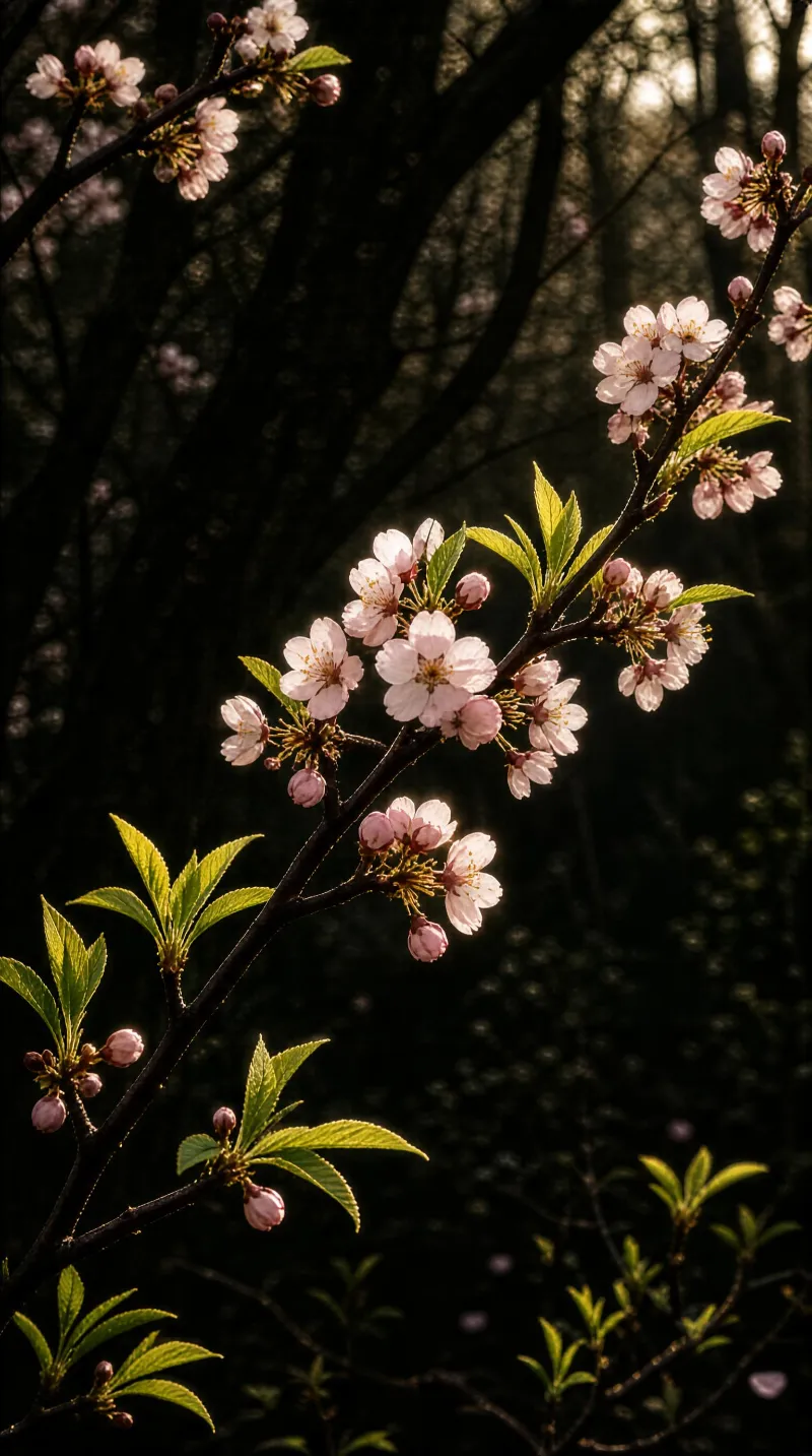 A cherry blossom branch with pink and white flowers and new green leaves in a forest, lit by soft sunlight filtering through the trees.