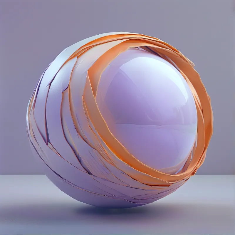 A glossy lilac orb is encircled by twisting copper bands against a soft mauve gradient in a clean studio render.