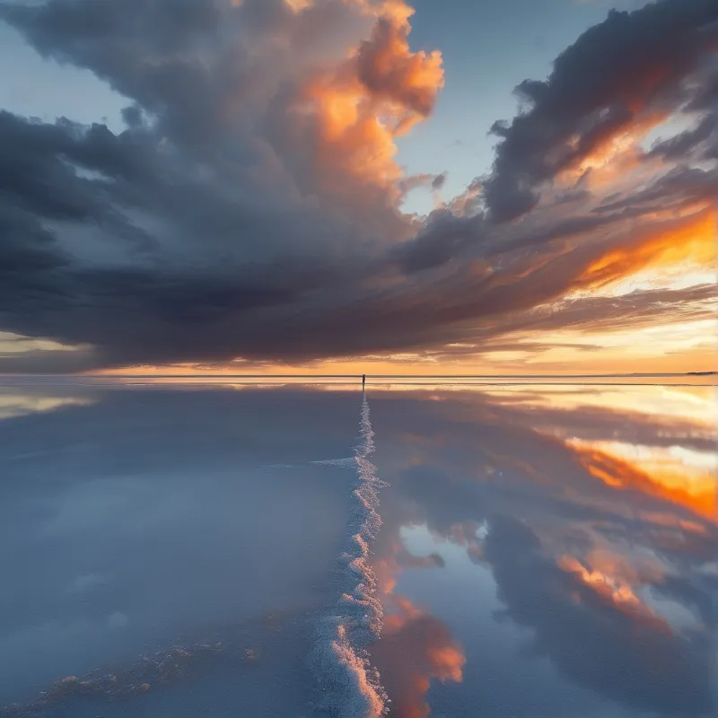 A lone figure walks across a mirror-like salt flat while dramatic clouds reflect orange sunset light on the water surface.