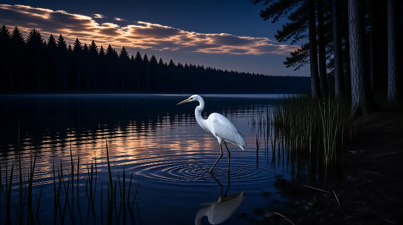 A solitary white heron walks through calm lake water while warm sunset light reflects off the surface near a dark forest.