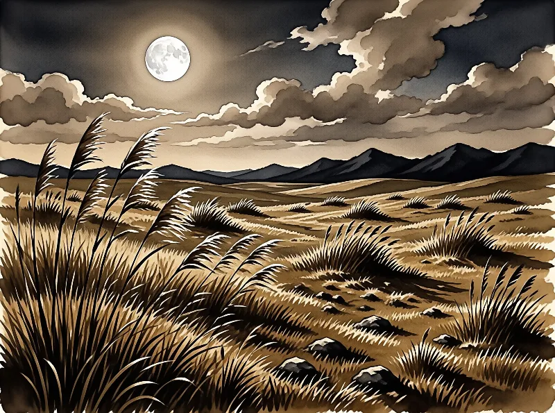 Stylized illustration of tall reeds blowing in the wind across a brown landscape with mountains and a full moon.