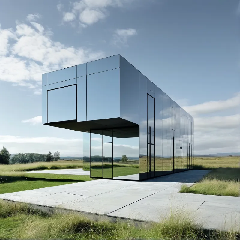 A reflective glass building rests on a concrete platform amid open grassland, its exterior mirroring the partly cloudy sky.