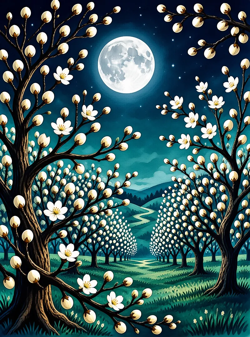 Two rows of white flowering trees line a winding green path leading to rolling hills, beneath a bright full moon in the starry deep blue sky.