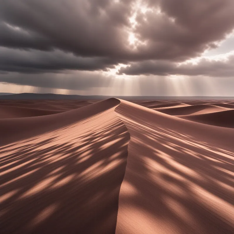 Desert dunes stretch toward the horizon while bright sunbeams pierce through dark clouds casting shadows on the sand.