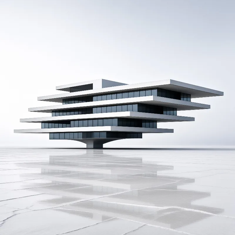A modernist building of stacked floor slabs balanced on a narrow pedestal above a pale salt pan under soft daylight.