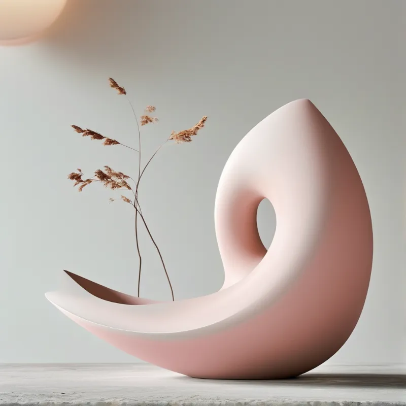 A soft pink curved vase with an open ring holds wispy dried pampas stems on a pale stone surface.