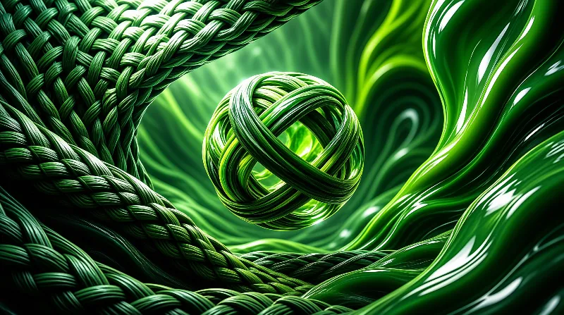 A thick green braided cord forms a central knot while smooth glossy waves flow around it in vibrant hues.
