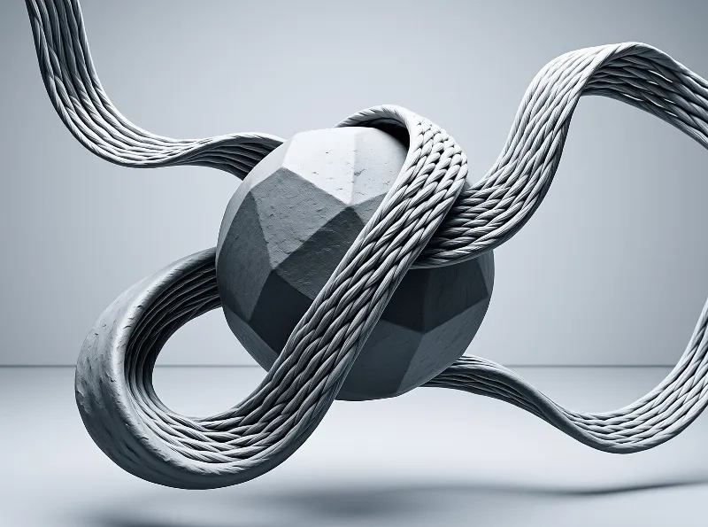 A grey braided rope twists around a faceted geometric sphere in a monochromatic 3D render with soft studio lighting.