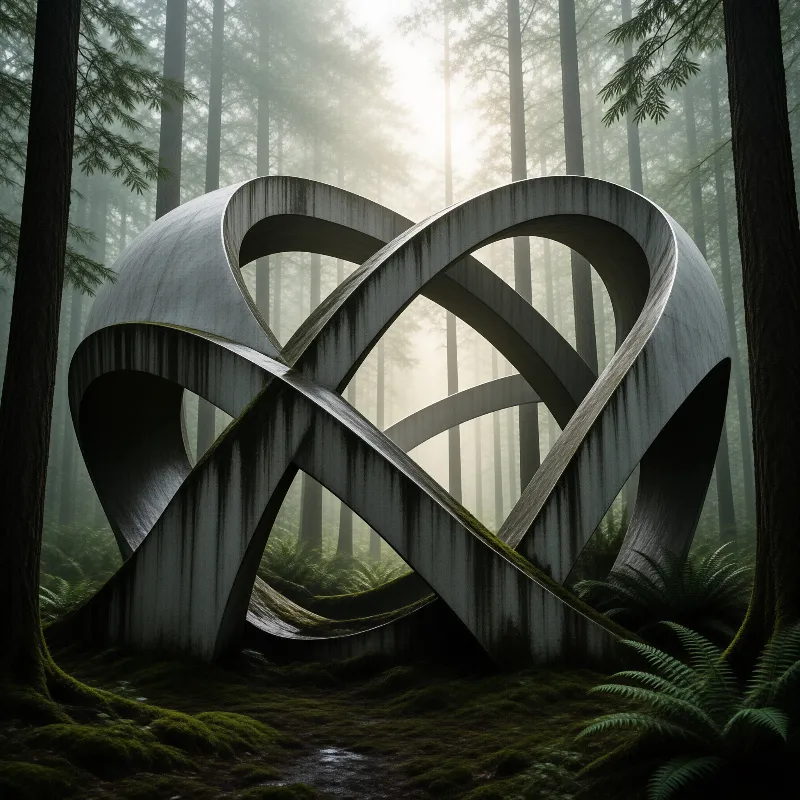 A massive curving stone sculpture sits on a moss-covered ground within a dense coniferous forest illuminated by bright foggy sunbeams.
