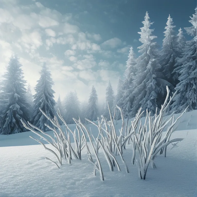 Delicate branches coated in white rime rise from deep snow, framed by snow-laden spruces fading into soft morning haze.