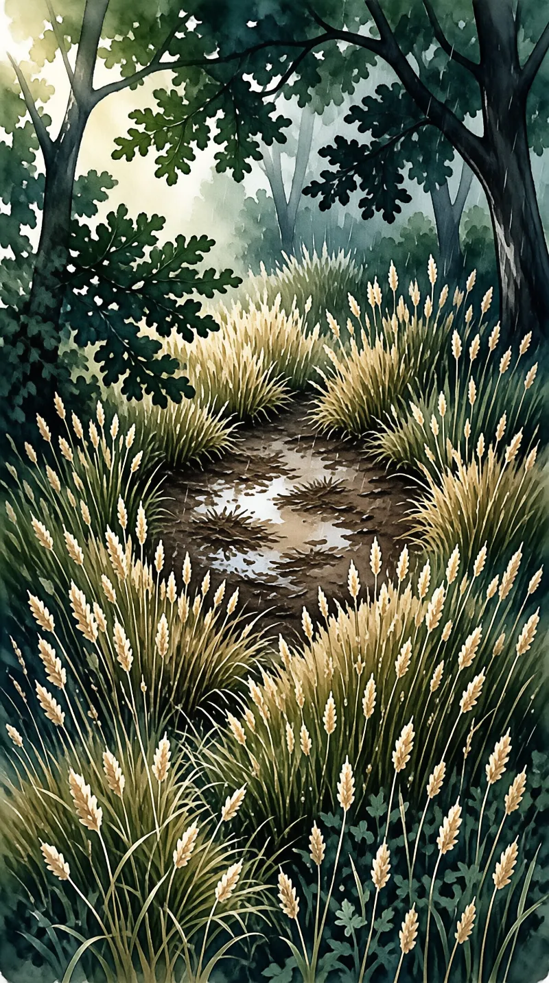 A watercolor woodland scene shows a small puddled trail winding between feathery golden grasses beneath a leafy oak canopy.