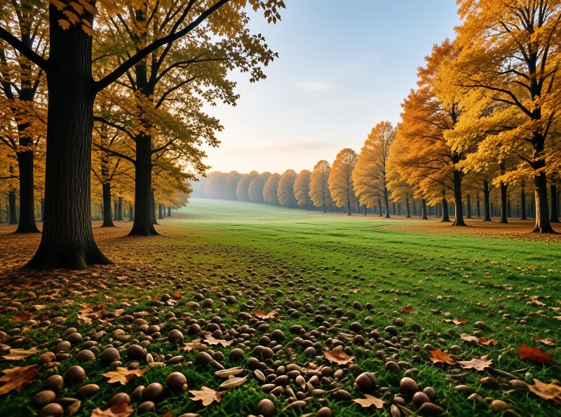 Rows of yellow autumn trees flank a green grassy field scattered with fallen chestnuts beneath a pale blue sky.