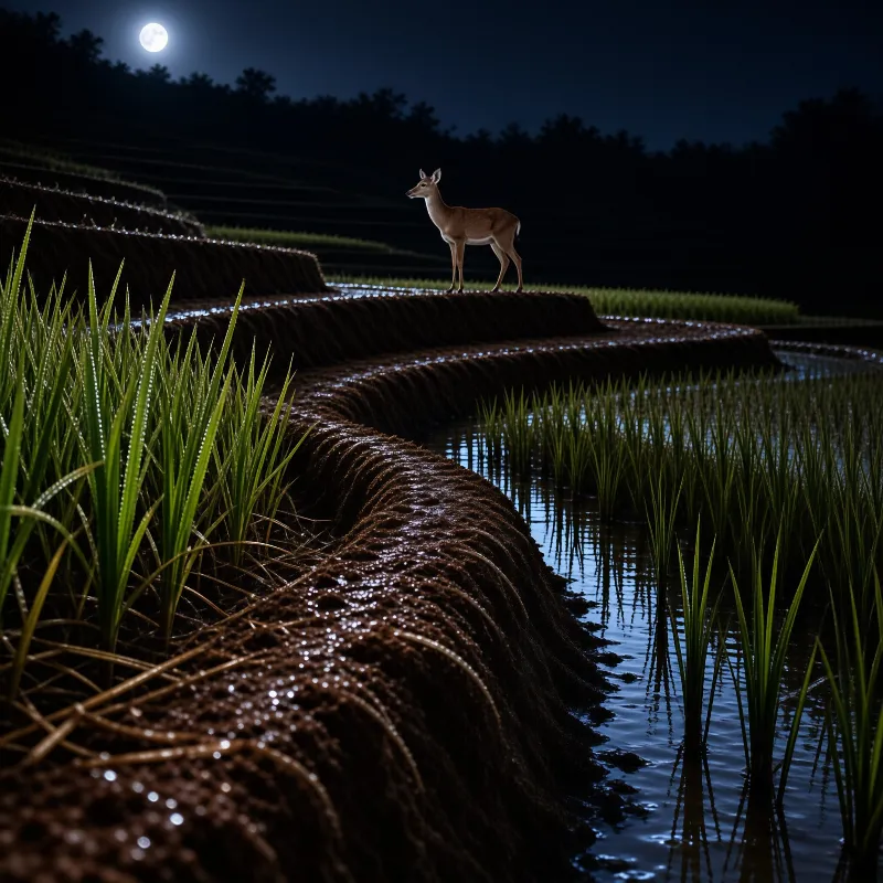 A young deer stands on a muddy terrace wall reflecting the bright moonlight in the shallow water.