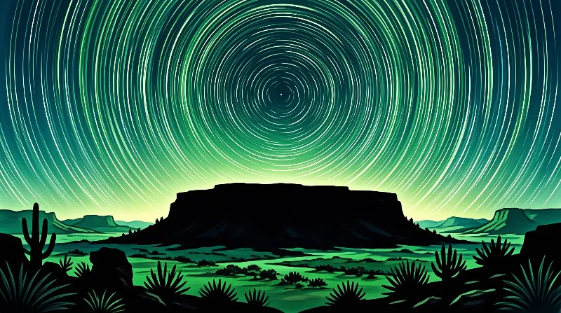 Silhouetted saguaro cacti and desert mesas stand against glowing emerald spiral star trails filling the night sky