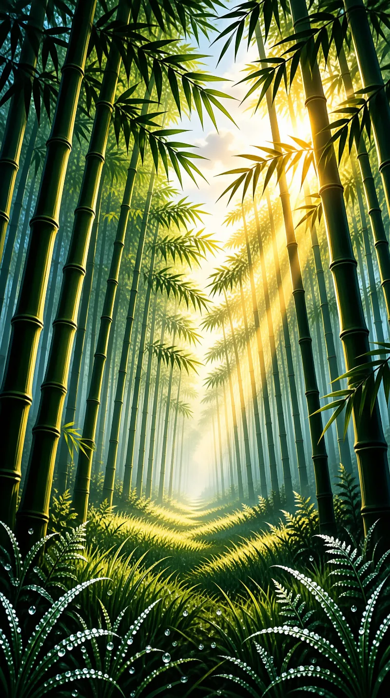 Tall green bamboo stalks line a misty path while golden sunbeams shine through the canopy above.