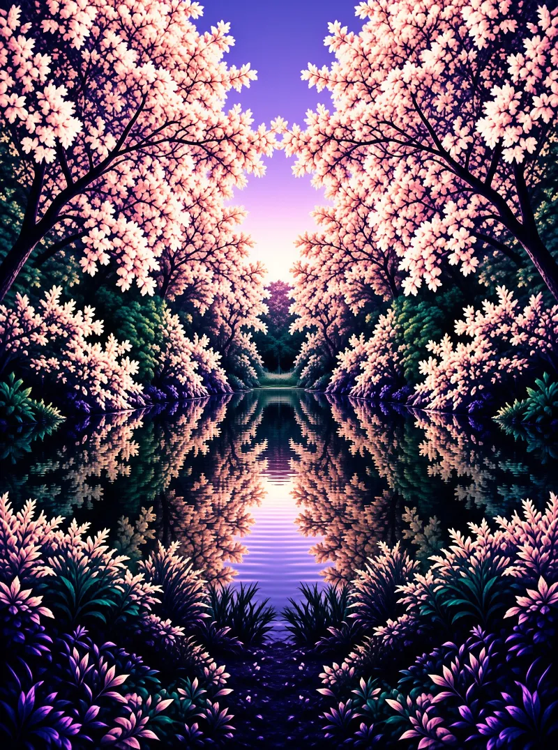 A symmetrical view of pink flowering trees lining a calm water channel during the evening with purple hues.