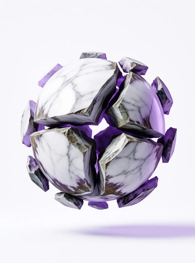 A white marble sphere breaks into chunks revealing a solid purple interior against a plain white background.