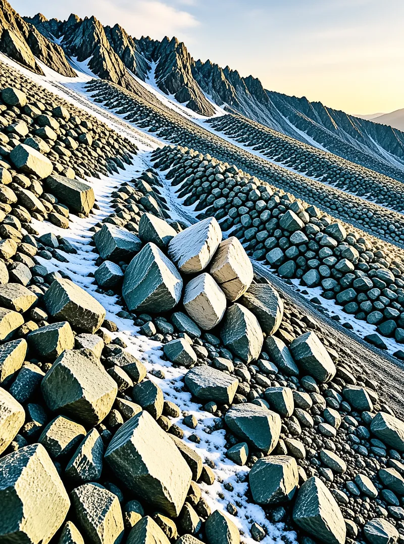 Angular grey rocks dusted with snow fill a steep mountain flank below a jagged ridge.