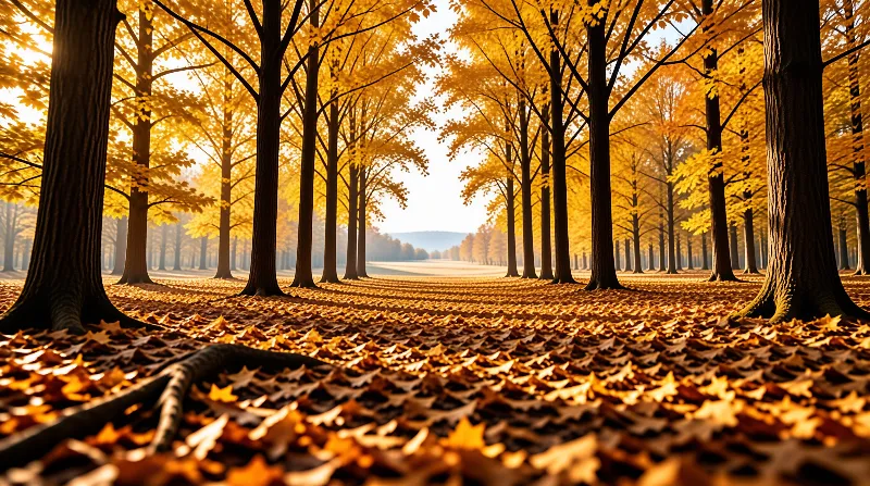 Tall trees with bright yellow foliage line a path covered in fallen leaves under soft morning light.